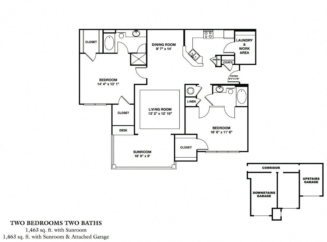 Floor plan for 2 beds, 2 baths, 1463 sqft